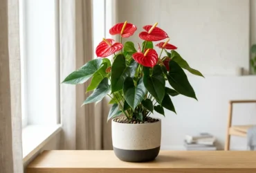 Healthy Anthurium with glossy red spathes and deep green leaves