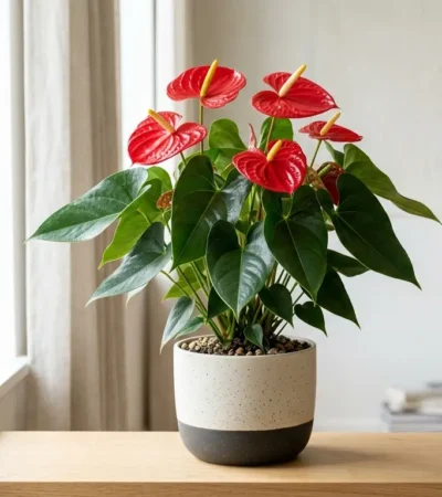 Healthy Anthurium with glossy red spathes and deep green leaves