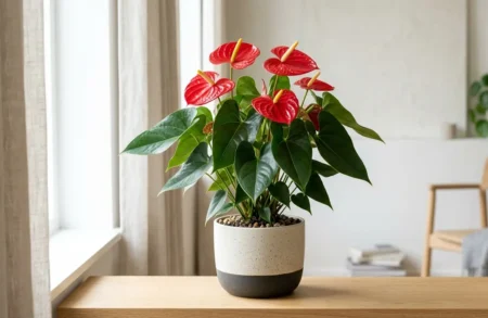 Healthy Anthurium with glossy red spathes and deep green leaves