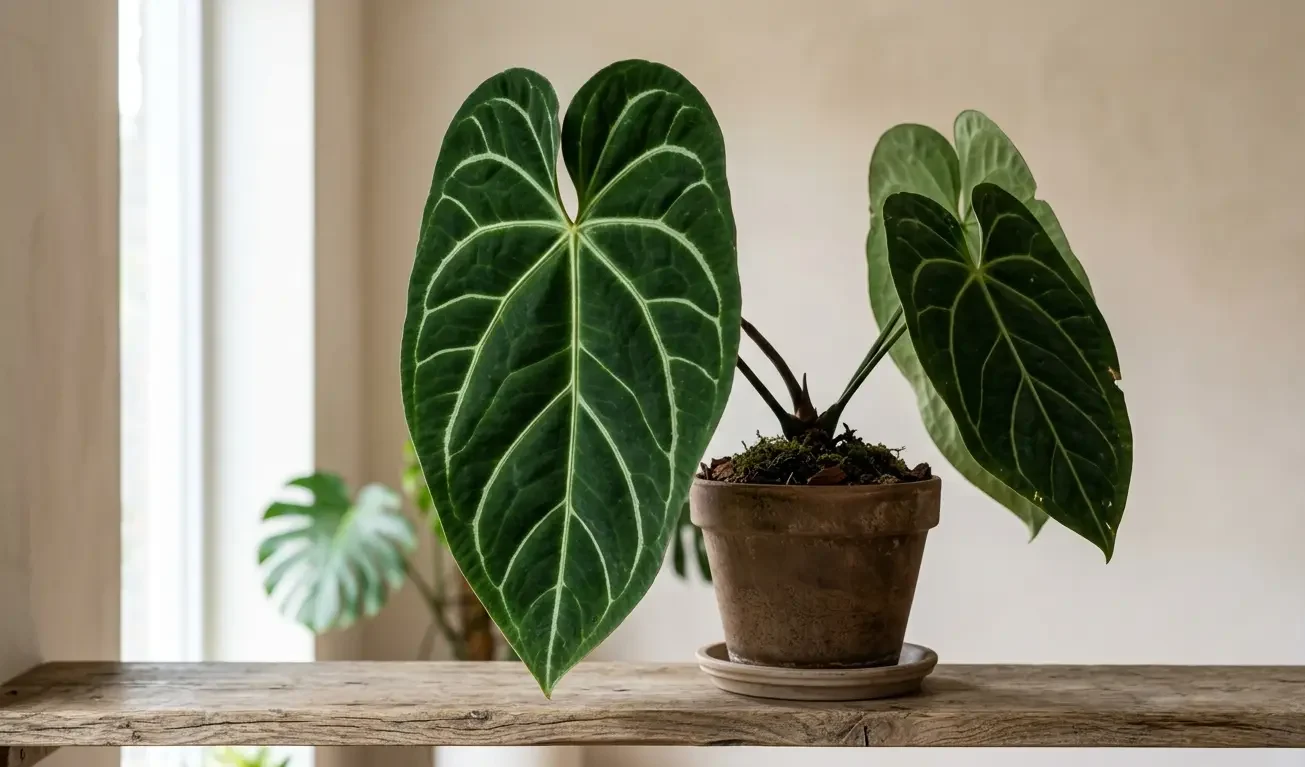 Anthurium magnificum with large rounded velvet leaves and bold pale veins