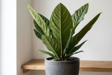 Anthurium superbum Bird's Nest Anthurium with thick leathery ribbed leaves in an upright rosette
