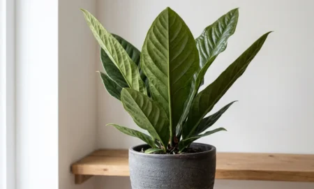 Anthurium superbum Bird's Nest Anthurium with thick leathery ribbed leaves in an upright rosette