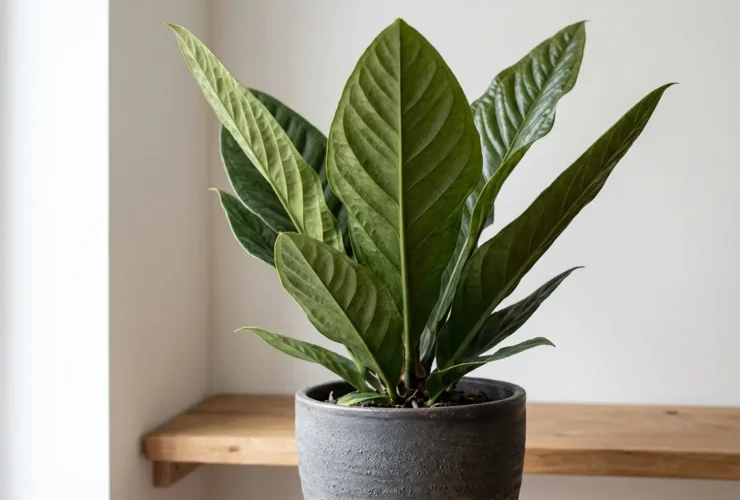 Anthurium superbum Bird's Nest Anthurium with thick leathery ribbed leaves in an upright rosette