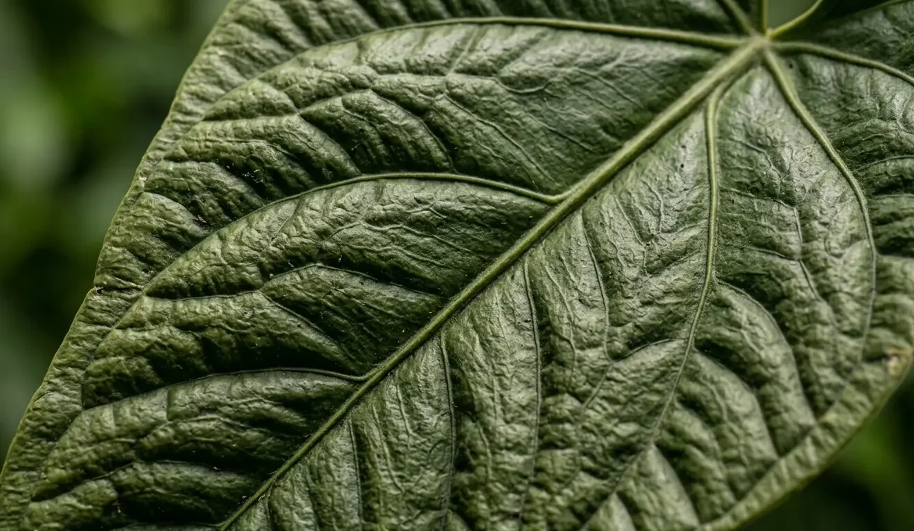 Close-up of the corrugated leathery texture of an Anthurium superbum leaf