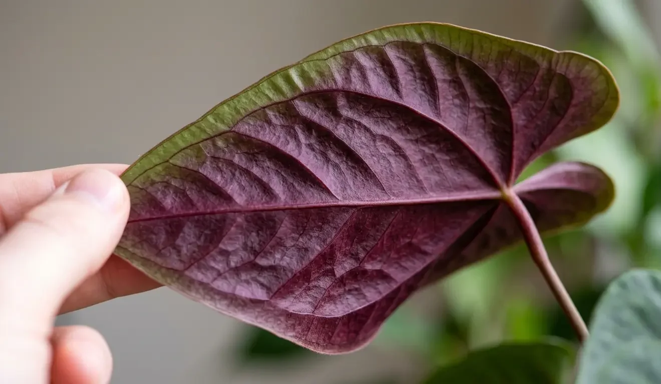 Close-up of the purple-burgundy underside of an Anthurium superbum leaf