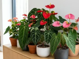 Collection of flowering and velvet-leaf Anthurium varieties grouped together