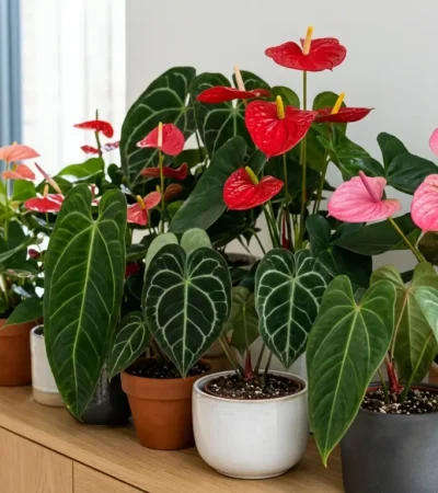 Collection of flowering and velvet-leaf Anthurium varieties grouped together