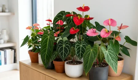 Collection of flowering and velvet-leaf Anthurium varieties grouped together