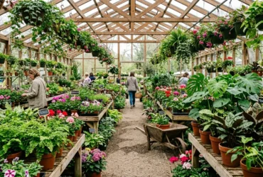 A bright garden center greenhouse full of plants in Boise, Idaho