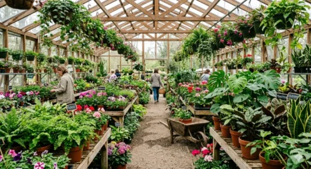 A bright garden center greenhouse full of plants in Boise, Idaho