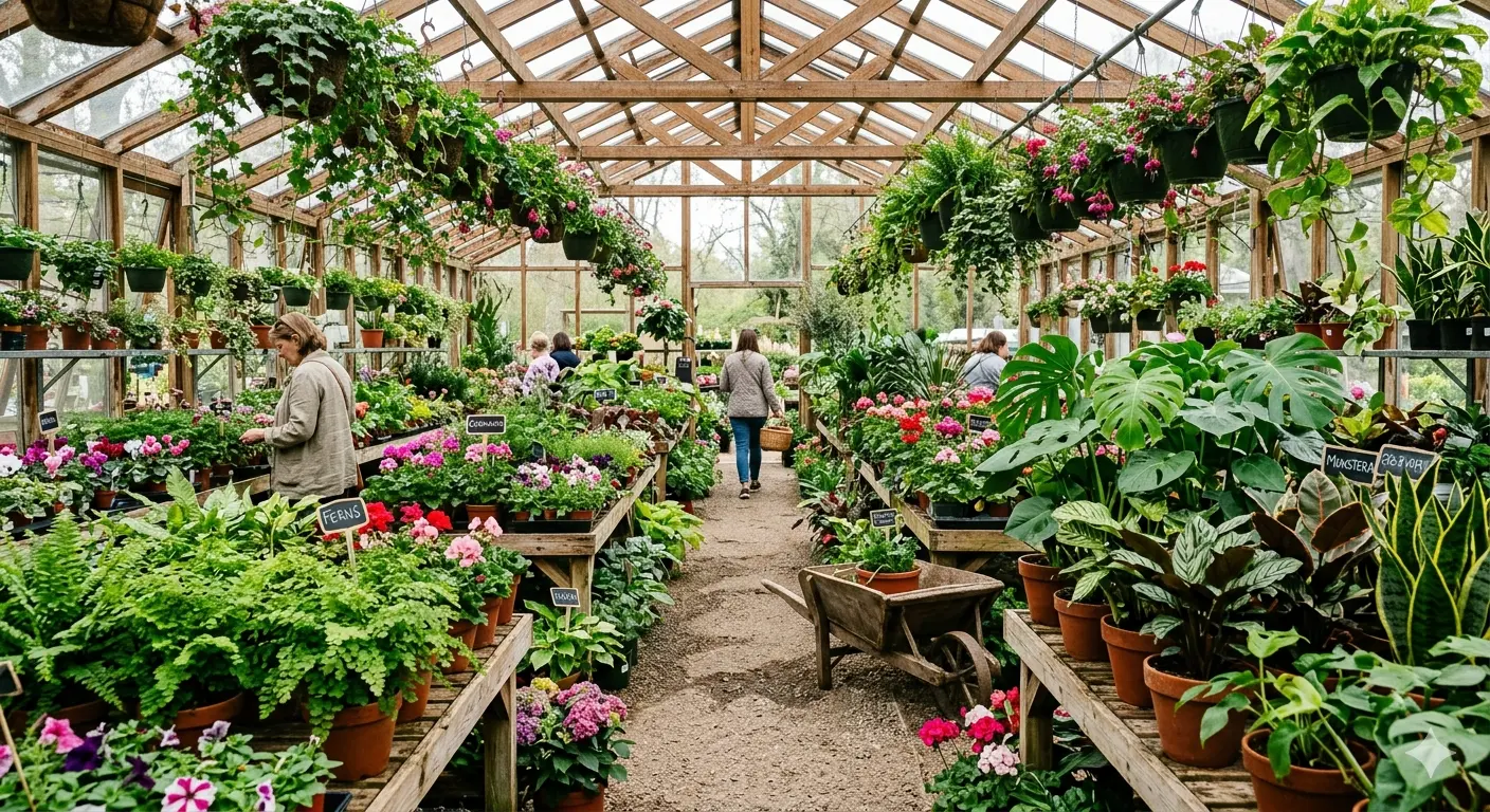 A bright garden center greenhouse full of plants in Boise, Idaho