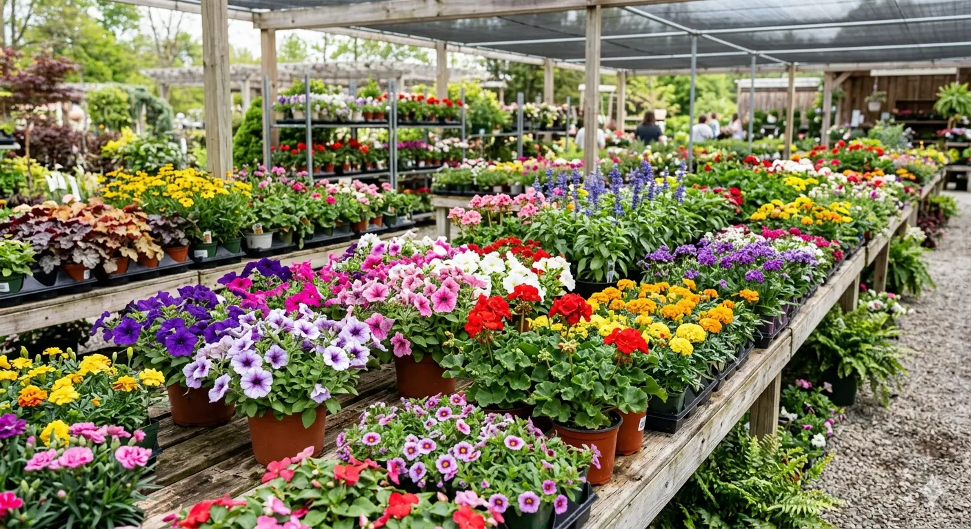 Colorful potted flowers on display at a Boise garden center