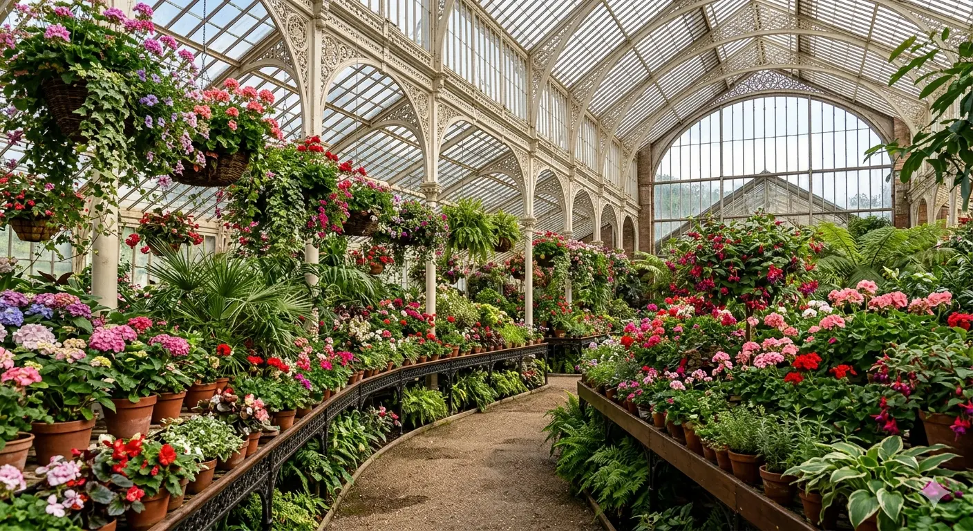 Interior of a large greenhouse filled with houseplants and flowers