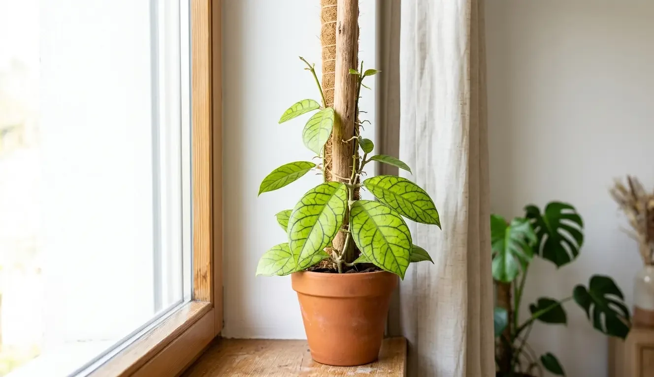 Hoya callistophylla climbing near a bright window in indirect light