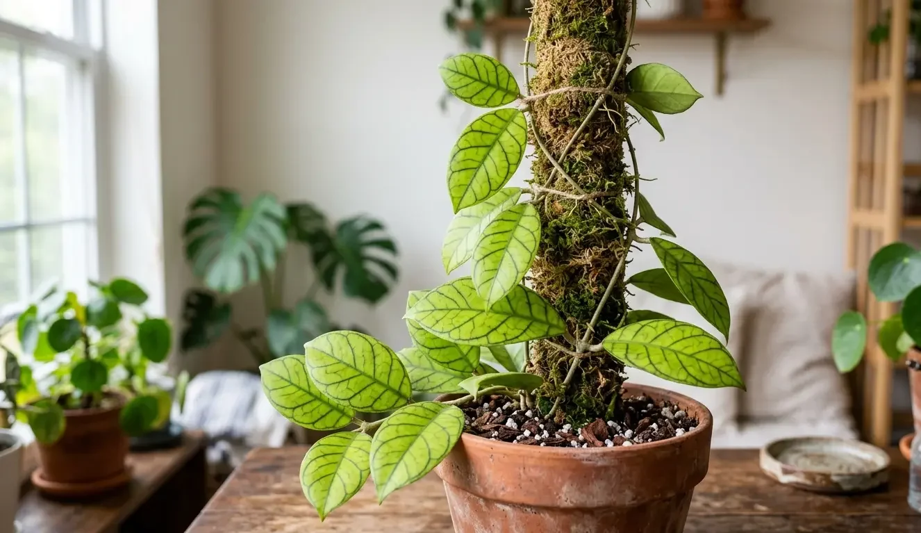 Hoya callistophylla climbing a moss pole