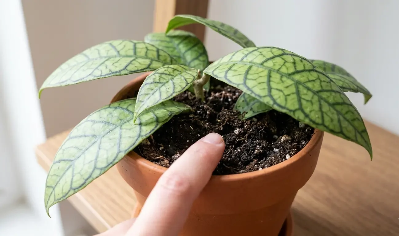 Checking the soil of a Hoya callistophylla before watering