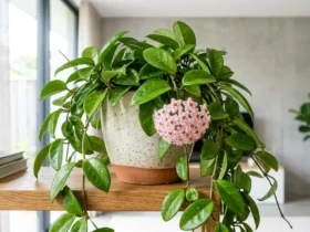 Healthy Hoya wax plant with thick waxy leaves and a cluster of star-shaped flowers