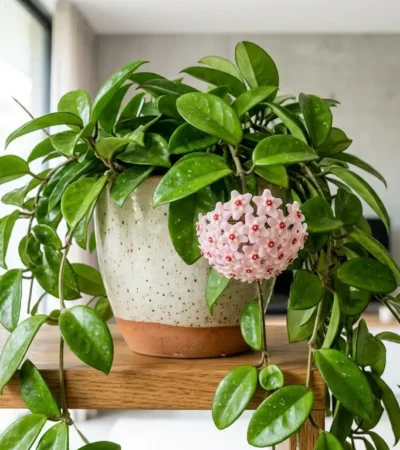 Healthy Hoya wax plant with thick waxy leaves and a cluster of star-shaped flowers
