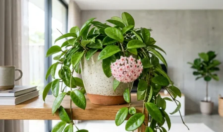 Healthy Hoya wax plant with thick waxy leaves and a cluster of star-shaped flowers