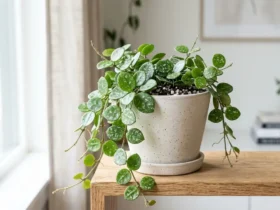 Hoya Mathilde with small round succulent leaves dusted with silver flecks