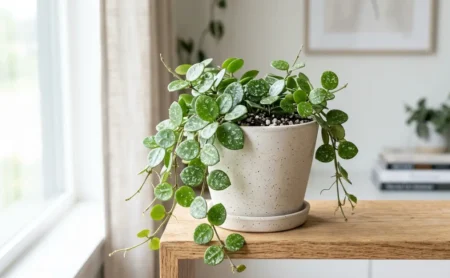 Hoya Mathilde with small round succulent leaves dusted with silver flecks