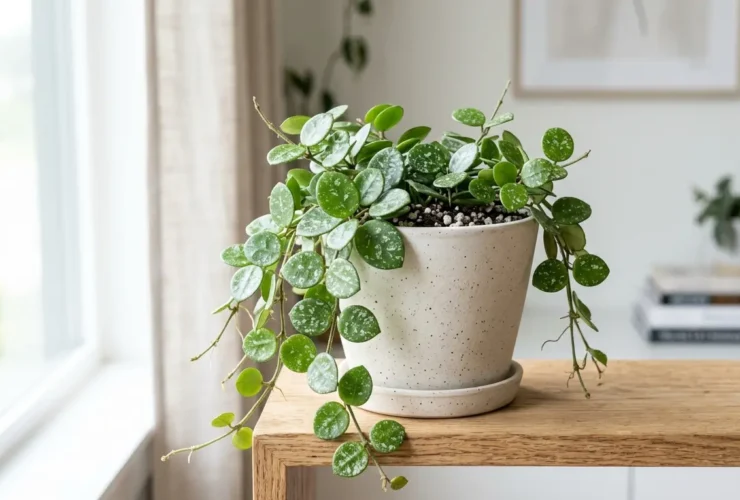 Hoya Mathilde with small round succulent leaves dusted with silver flecks
