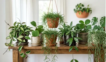Collection of different Hoya wax plant varieties grouped together indoors