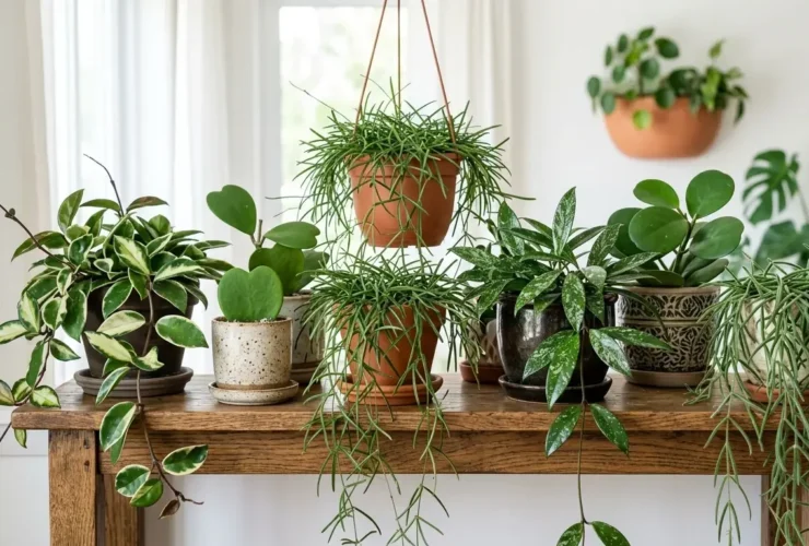 Collection of different Hoya wax plant varieties grouped together indoors