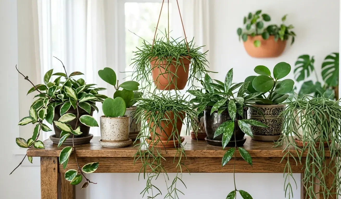 Collection of different Hoya wax plant varieties grouped together indoors