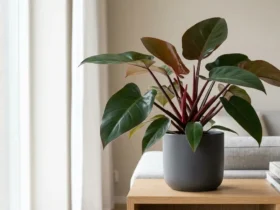 Philodendron erubescens with glossy dark green leaves and red burgundy stems