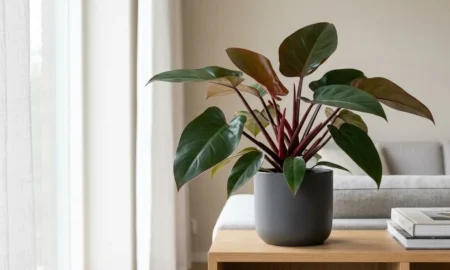 Philodendron erubescens with glossy dark green leaves and red burgundy stems