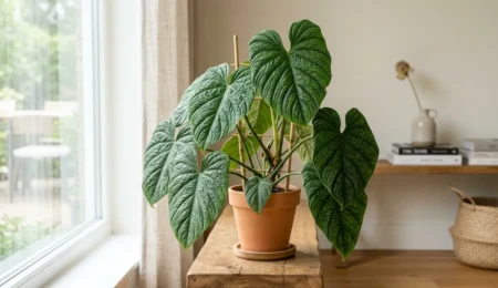 Philodendron Rugosum with thick wrinkled leathery heart-shaped leaves