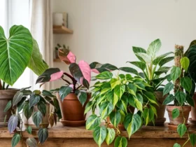 Collection of different philodendron varieties grouped together indoors