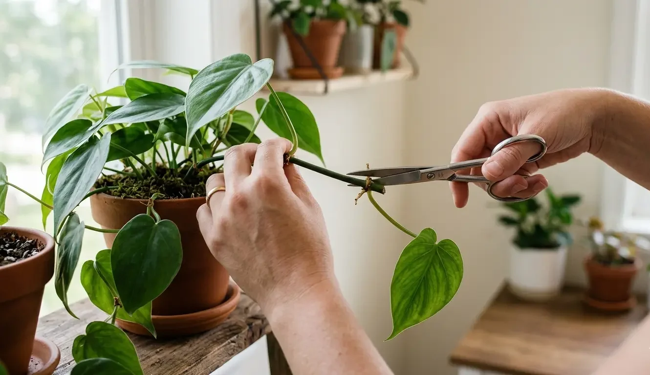 Taking a philodendron stem cutting below a node with scissors