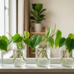 Philodendron cuttings rooting in jars of water on a windowsill