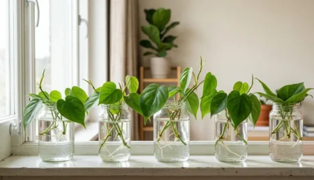 Philodendron cuttings rooting in jars of water on a windowsill