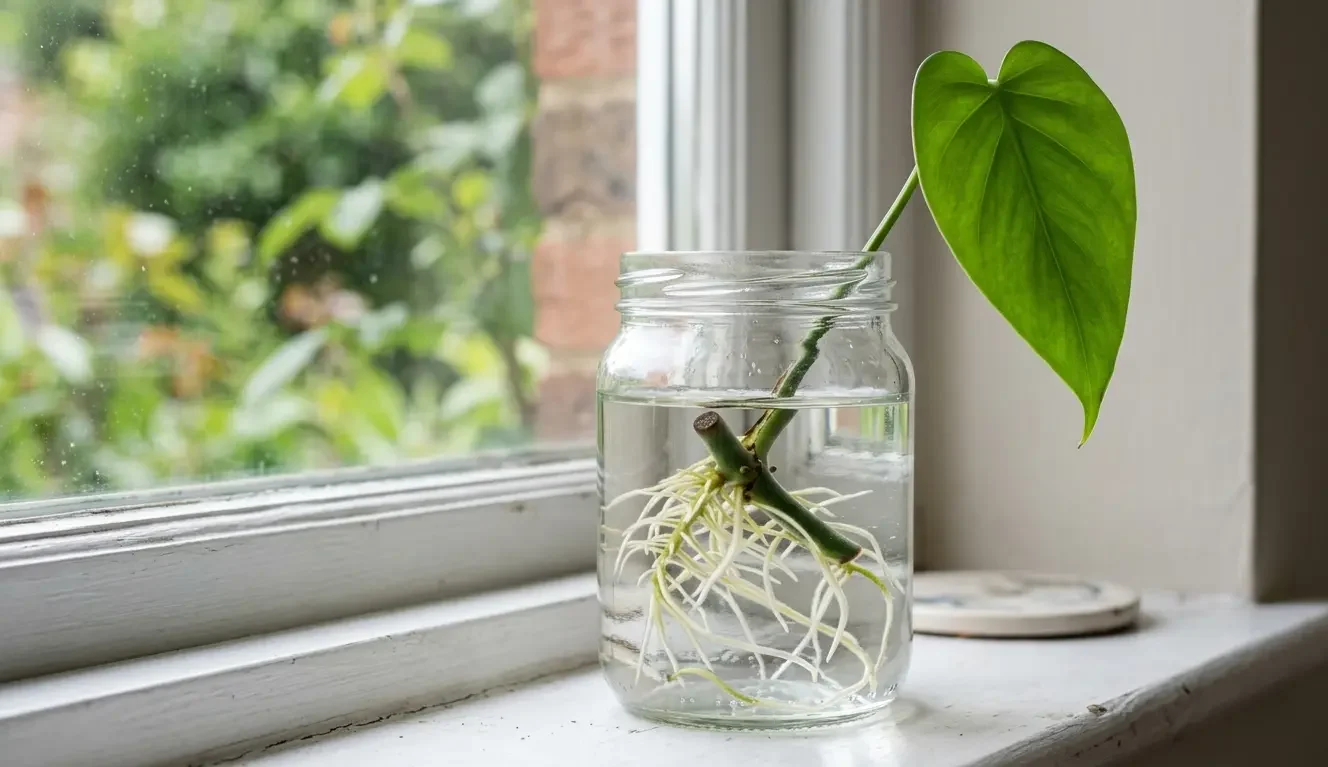 Philodendron cutting with white roots growing in a jar of water