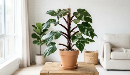 Philodendron White Knight with white variegated leaves on dark burgundy stems
