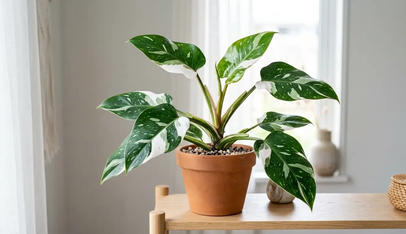 Philodendron White Princess with green leaves splashed with white variegation