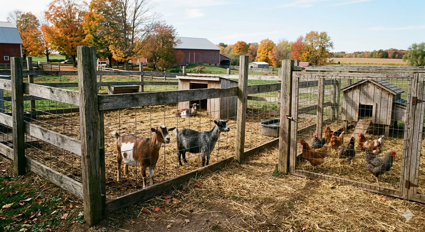 Goats and farm animals at a petting zoo on a small farm