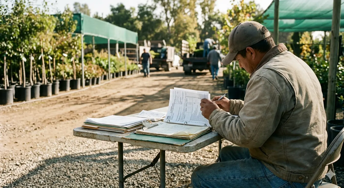 Landscape contractor reviewing business documents before nursery purchase
