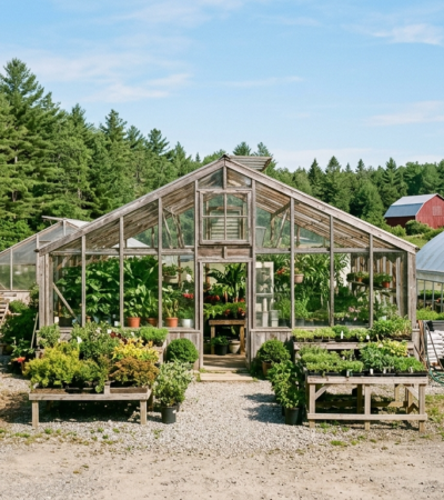 A small Maine garden center with greenhouses and a parking area on a sunny day