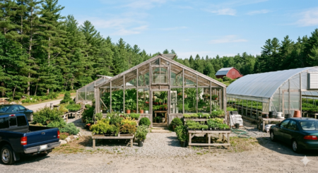 A small Maine garden center with greenhouses and a parking area on a sunny day