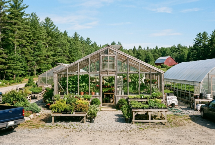 A small Maine garden center with greenhouses and a parking area on a sunny day