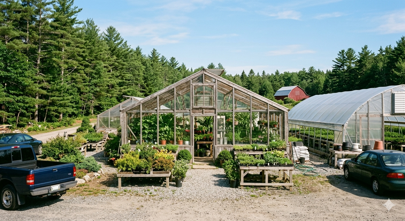 A small Maine garden center with greenhouses and a parking area on a sunny day