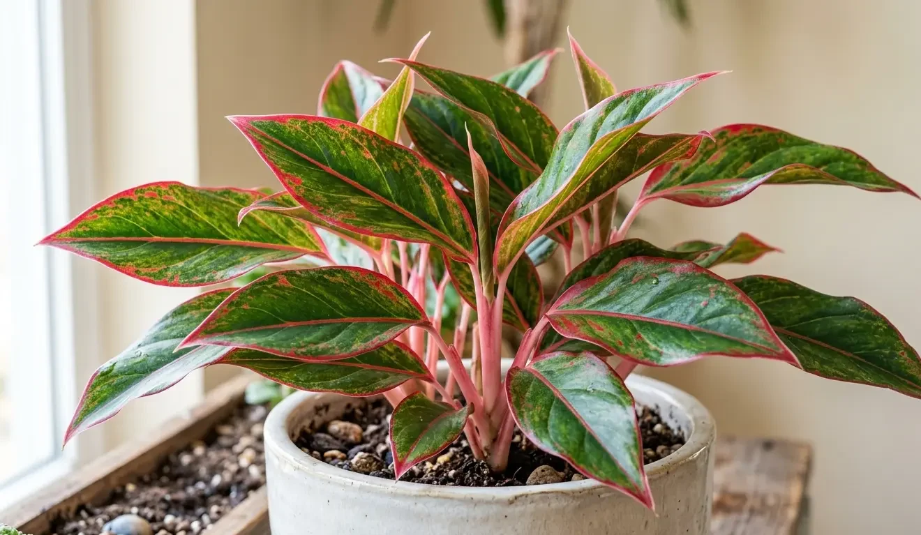 Aglaonema Siam Aurora with red and pink edged green leaves