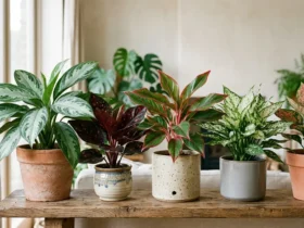 Collection of Aglaonema Chinese Evergreen varieties with green, red, and silver leaves