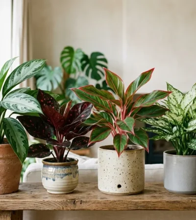 Collection of Aglaonema Chinese Evergreen varieties with green, red, and silver leaves