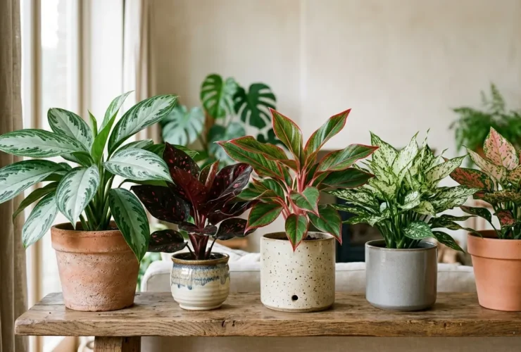 Collection of Aglaonema Chinese Evergreen varieties with green, red, and silver leaves