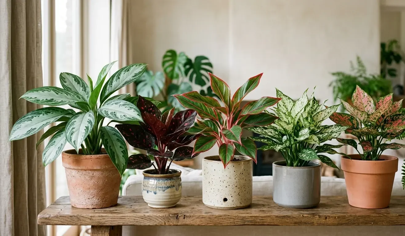 Collection of Aglaonema Chinese Evergreen varieties with green, red, and silver leaves